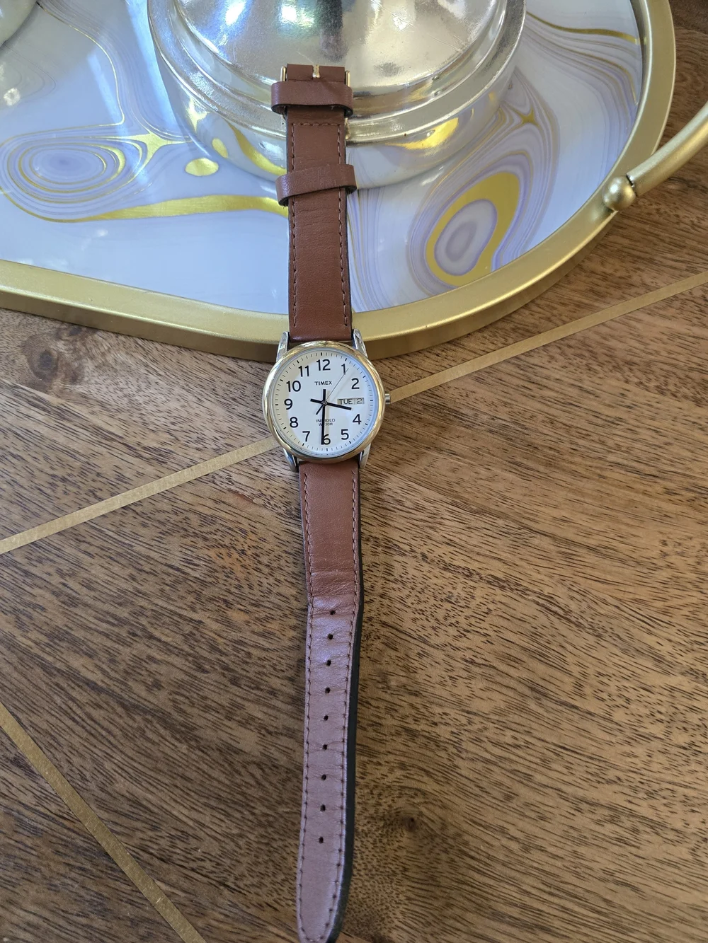 Timex White Dial Brown Leather Strap Day-Date Watch